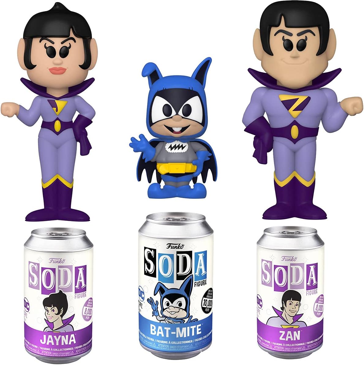 Wonder Twins Figures Zan + Jayna Soda tin Can Bundled with Bat Mite Villain & Super Friends 3 Items Pack of 2 M98772