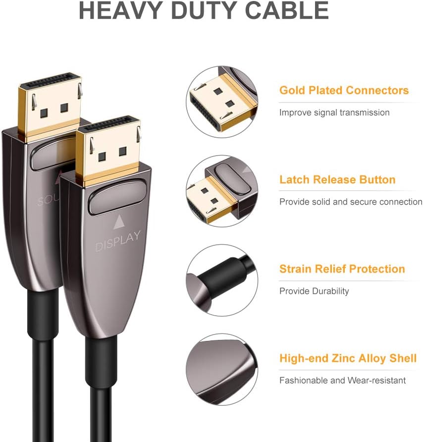 DP Fiber Optic Cable 20ft, Displayport 1.4, 8K@60Hz 4K@120Hz, Gold Plated, Black K636