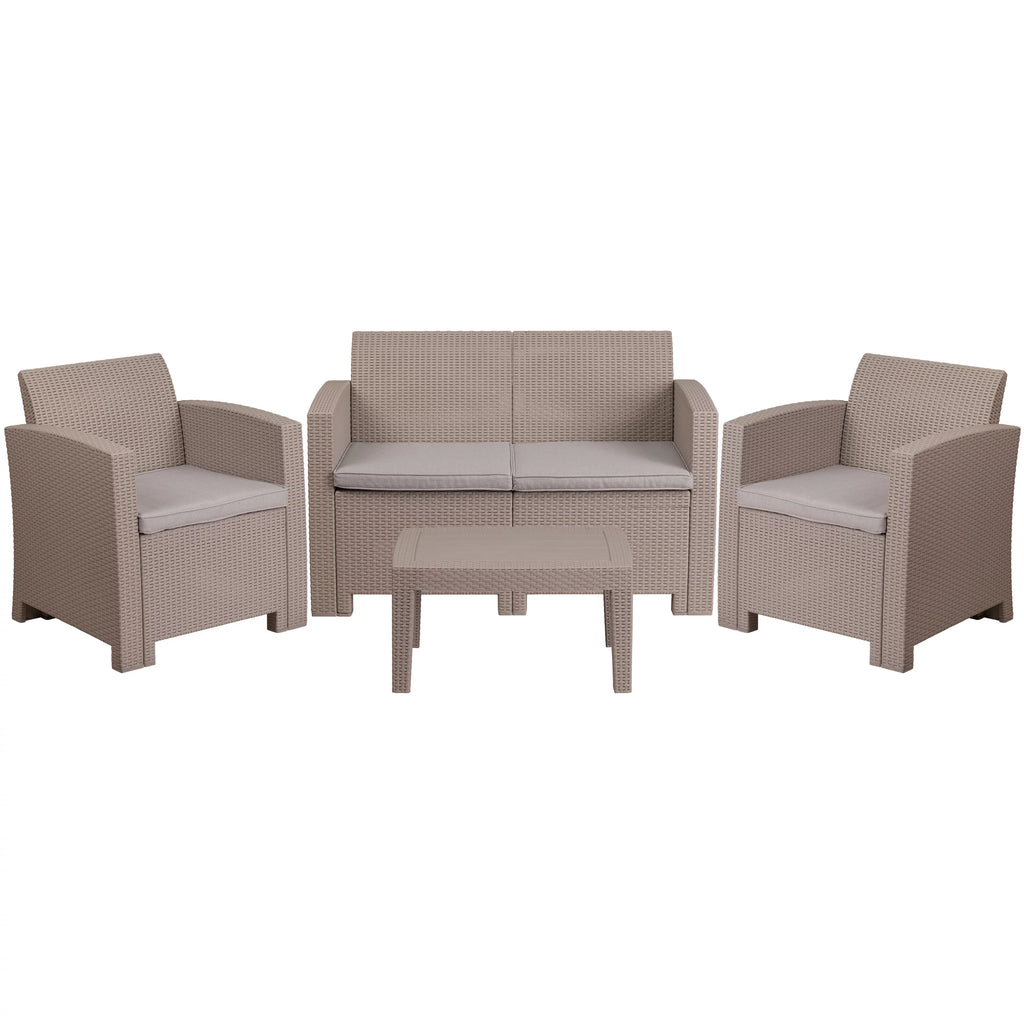 Light Gray Faux Rattan 4 Piece Patio Furniture Set with Cushions and Table E59631