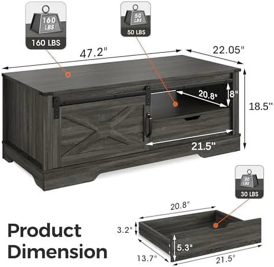 Light Grey 48'' Rustic Coffee Table with Sliding Barn Door Y14322