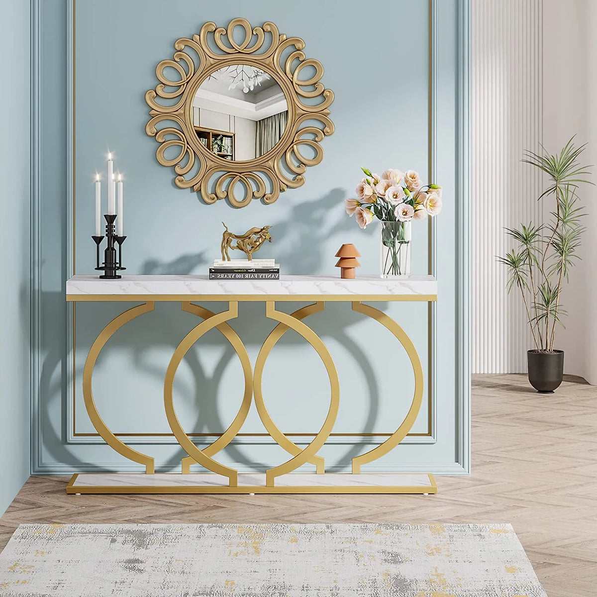White & Gold Faux Marble Console Sofa Table J69760