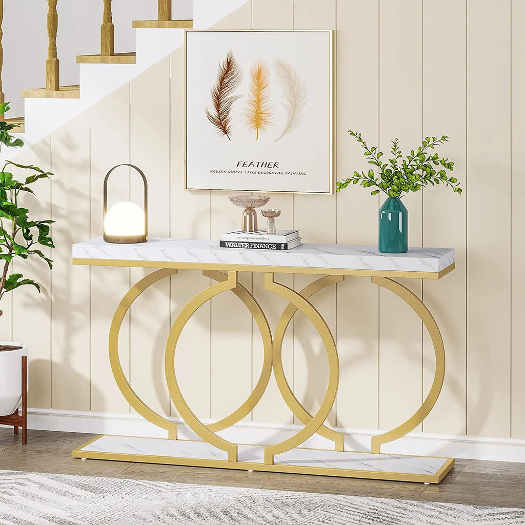 White & Gold Faux Marble Console Sofa Table J69760
