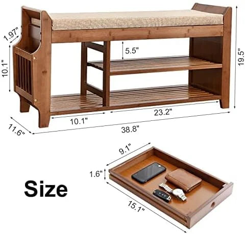 47.0" Adjustable Height 3 Layers Bamboo Shoe Storage Bench M958