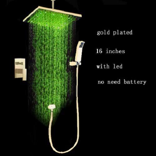 Gold 16 inch Rainfall LED Shower Head with Brass Handheld Shower W815876