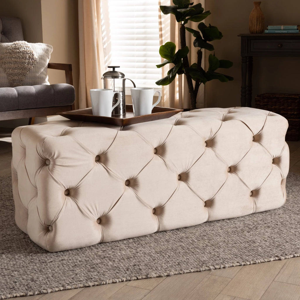 Beige Velvet Button Tufted Bench Ottoman Y2496