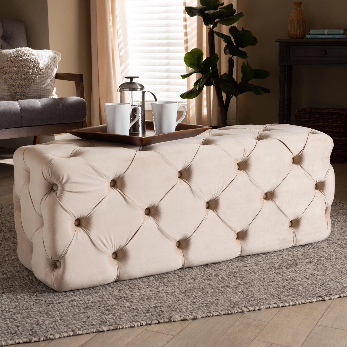 Beige Velvet Button Tufted Bench Ottoman Y2496