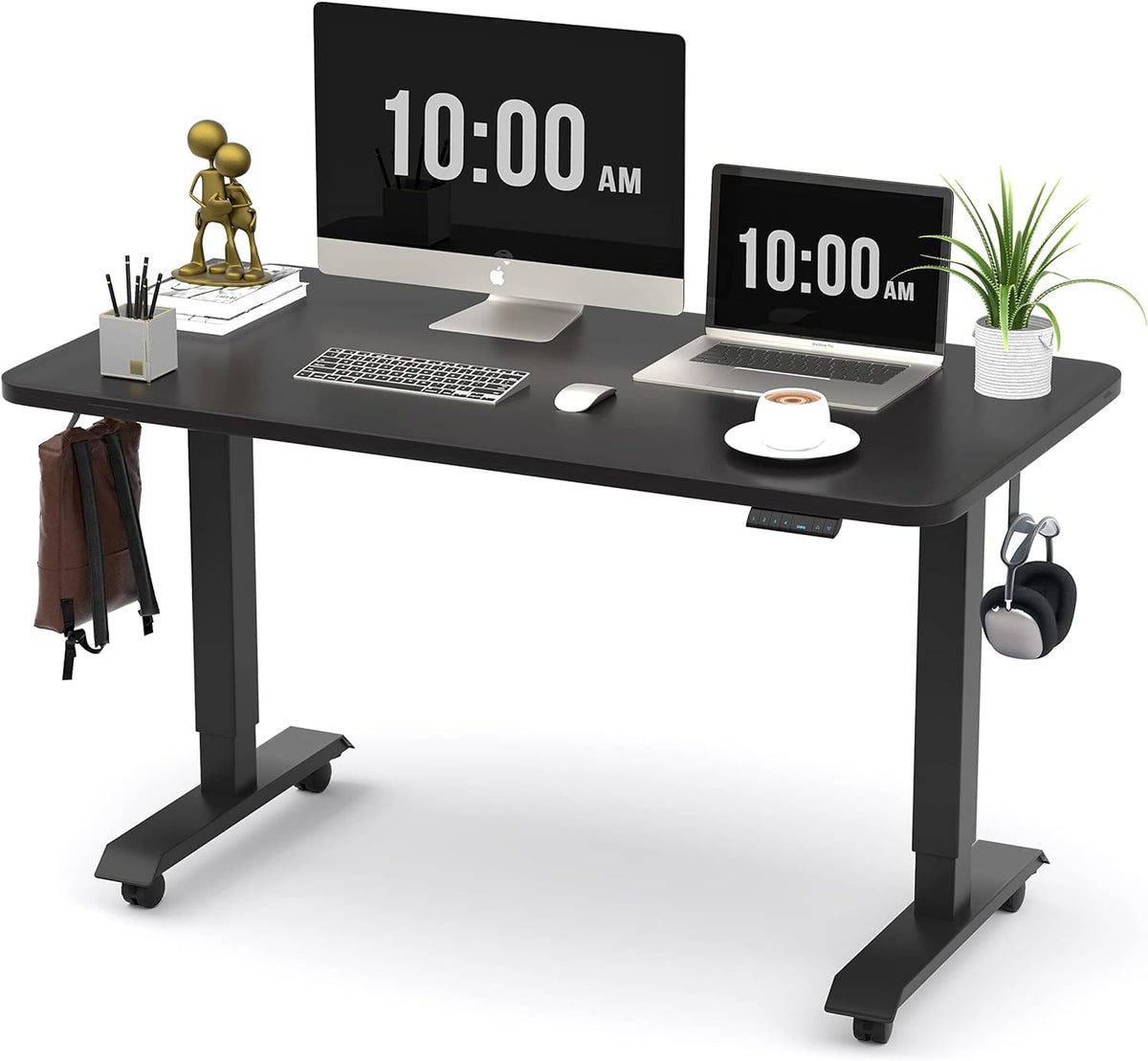 Electric Height Adjustable Standing Desk, 48x24 Inches, Black Steel Frame, Rustic Brown Top N88814