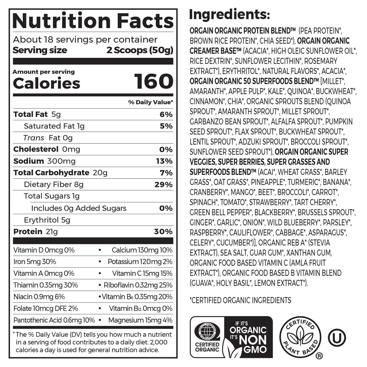 Organic Plant Based Protein Superfoods Powder Vanilla Bean 2.02 lb X591349