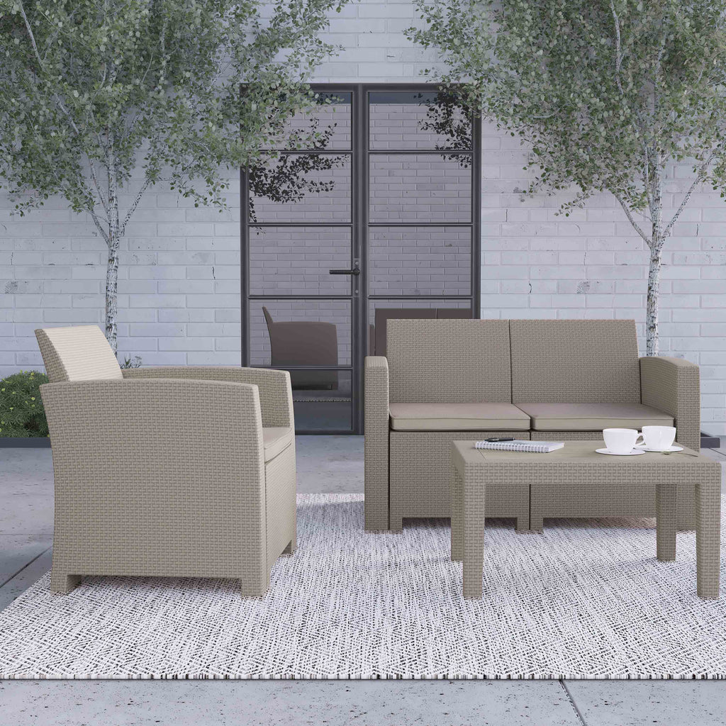 Light Gray Faux Rattan 4 Piece Patio Furniture Set with Cushions and Table E59631