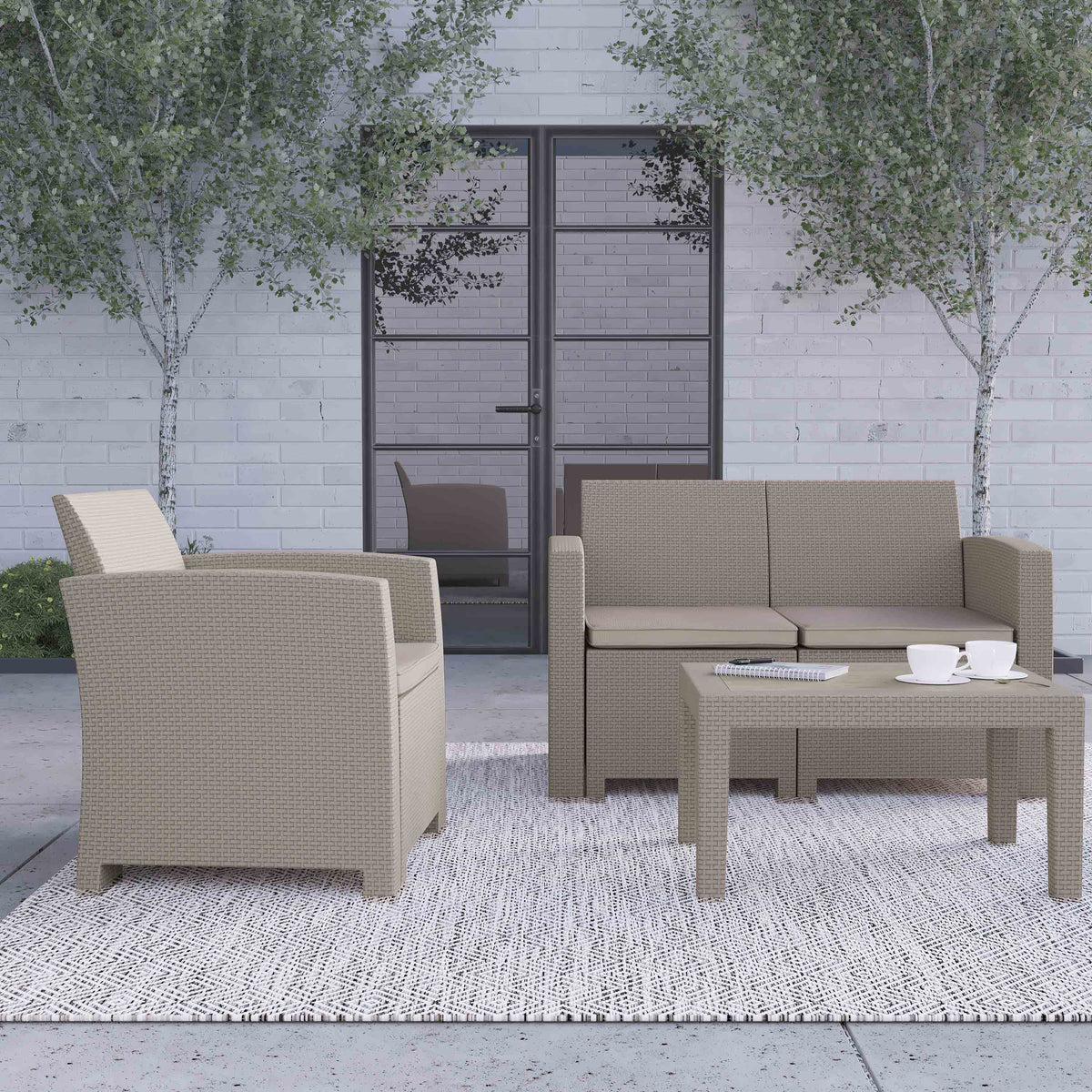 Light Gray Faux Rattan 4 Piece Patio Furniture Set with Cushions and Table E59631