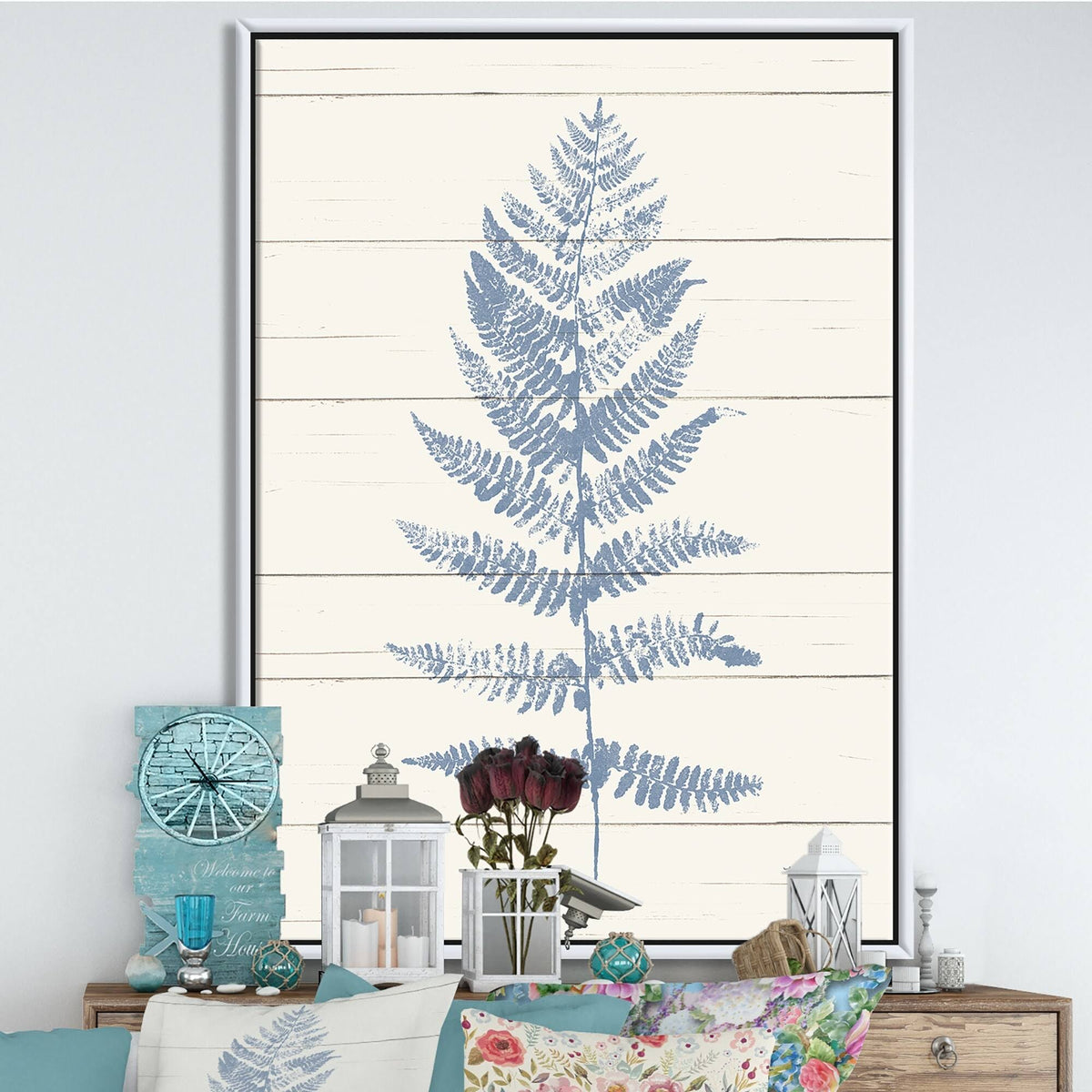 Blue Fern Print on Wood Framed Canvas, 16 inch x 32 inch H609665
