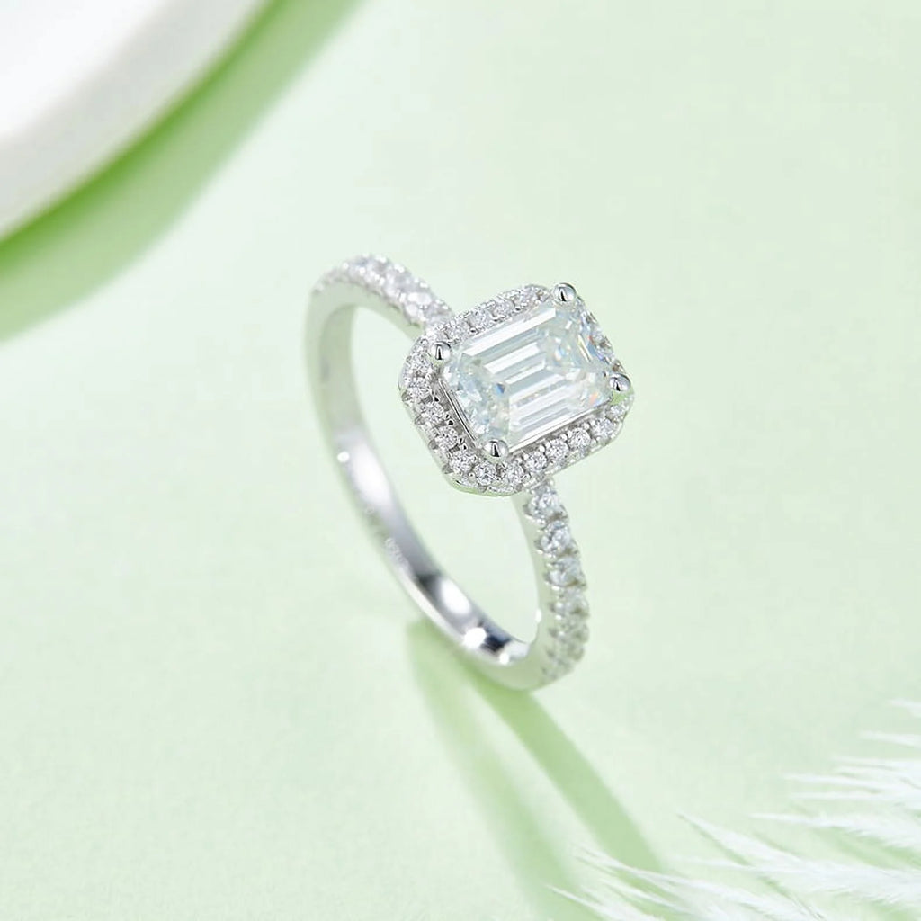 18k White Gold over Silver Emerald Cut Moissanite Engagement Ring Y3417