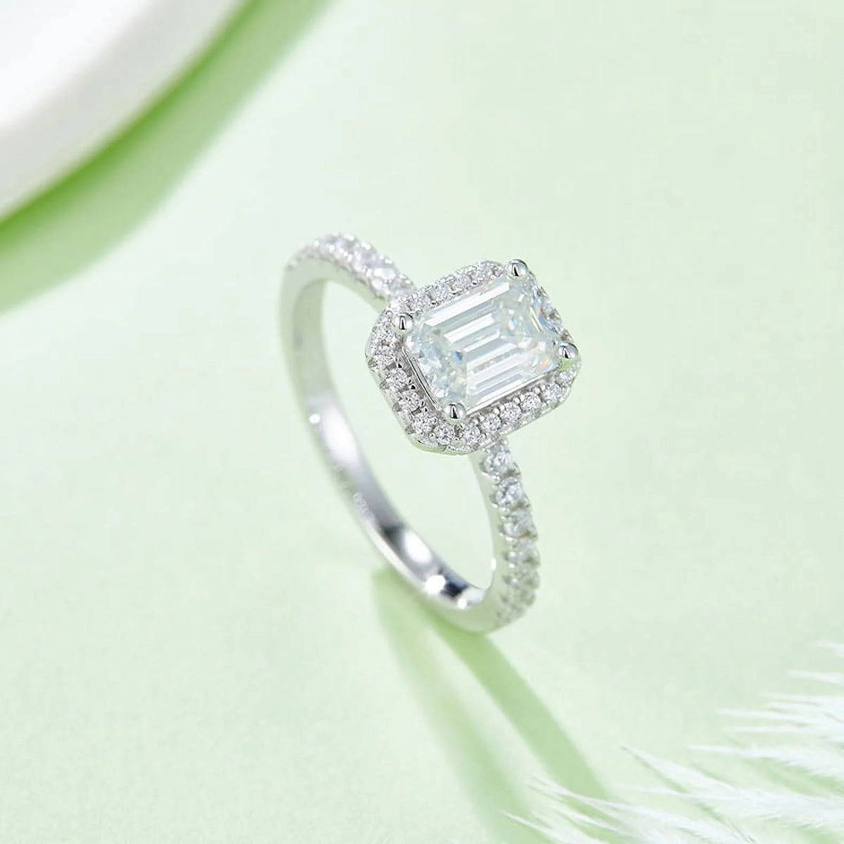 18k White Gold over Silver Emerald Cut Moissanite Engagement Ring Y3417
