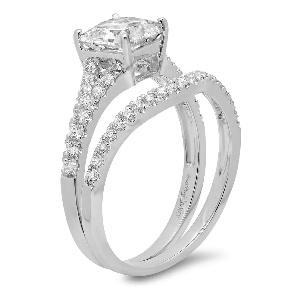 Princess Cut Clear Lab Created Moissanite 18k White Gold Ring Band Set sz 3.5 C30454