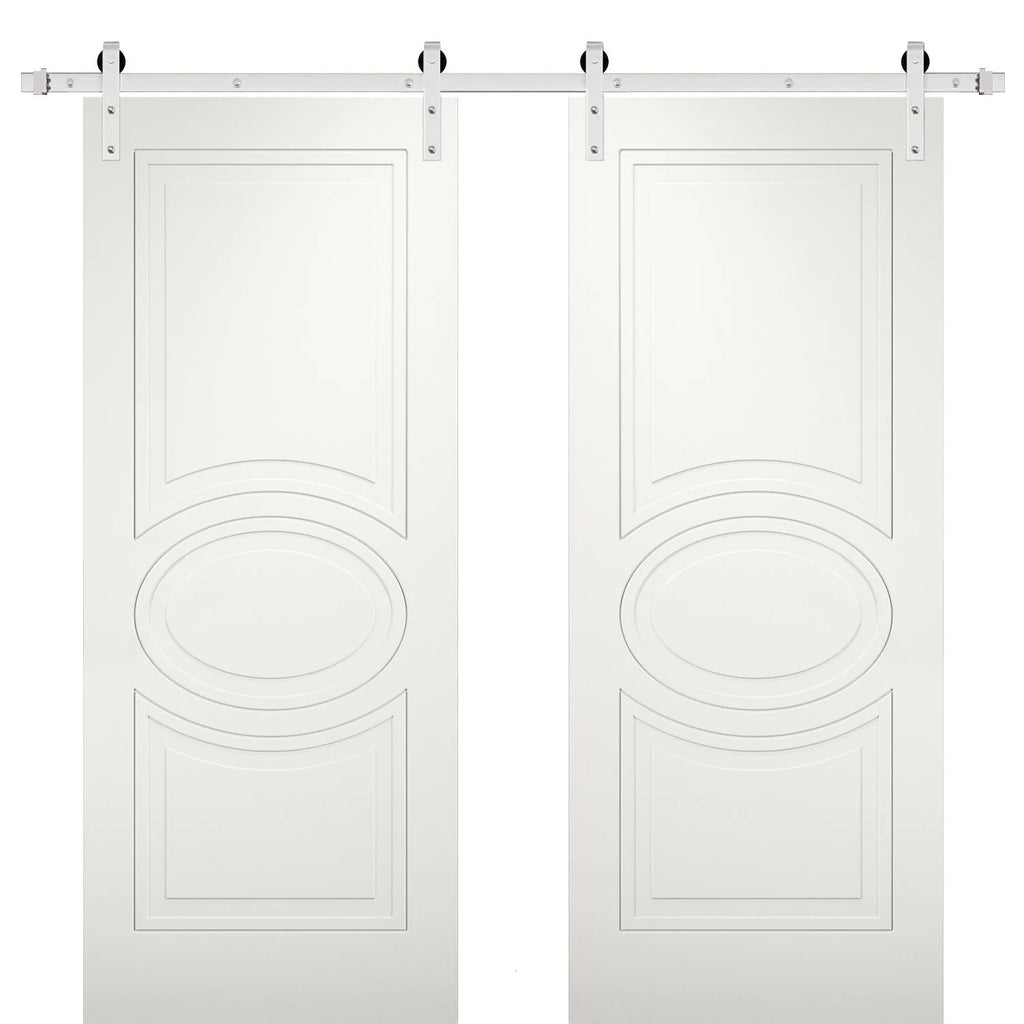 Matte White Solid Panel Double Barn Door with Stainless Steel Rail Track Set M356250
