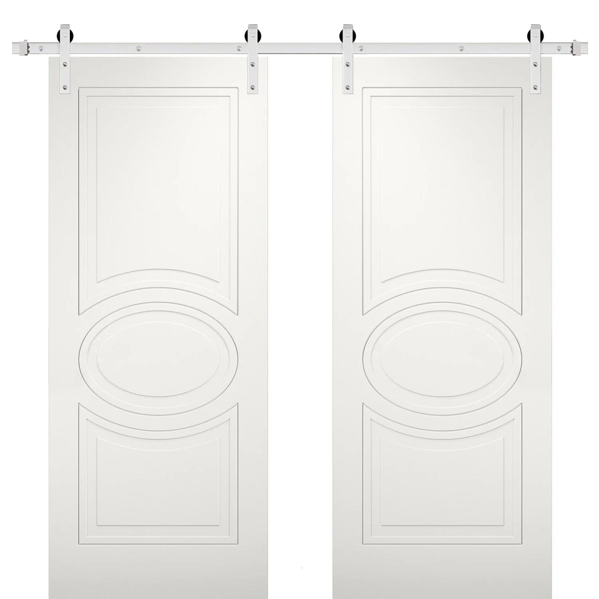 Matte White Solid Panel Double Barn Door with Stainless Steel Rail Track Set M356250