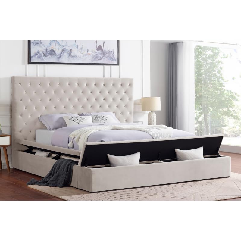 Cream Eastern King Velvet Tufted Storage Bed O133