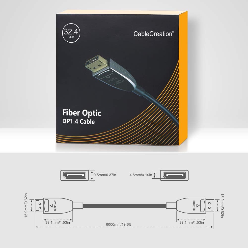 DP Fiber Optic Cable 20ft, Displayport 1.4, 8K@60Hz 4K@120Hz, Gold Plated, Black K636