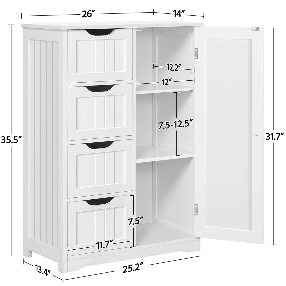 White 4 Drawer Wooden Bathroom Floor Cabinet T850