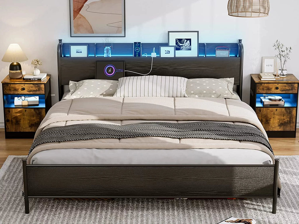 California King Metal and Wood Platform Bed Frame with Storage Shelf Headboard and Charging Station C964