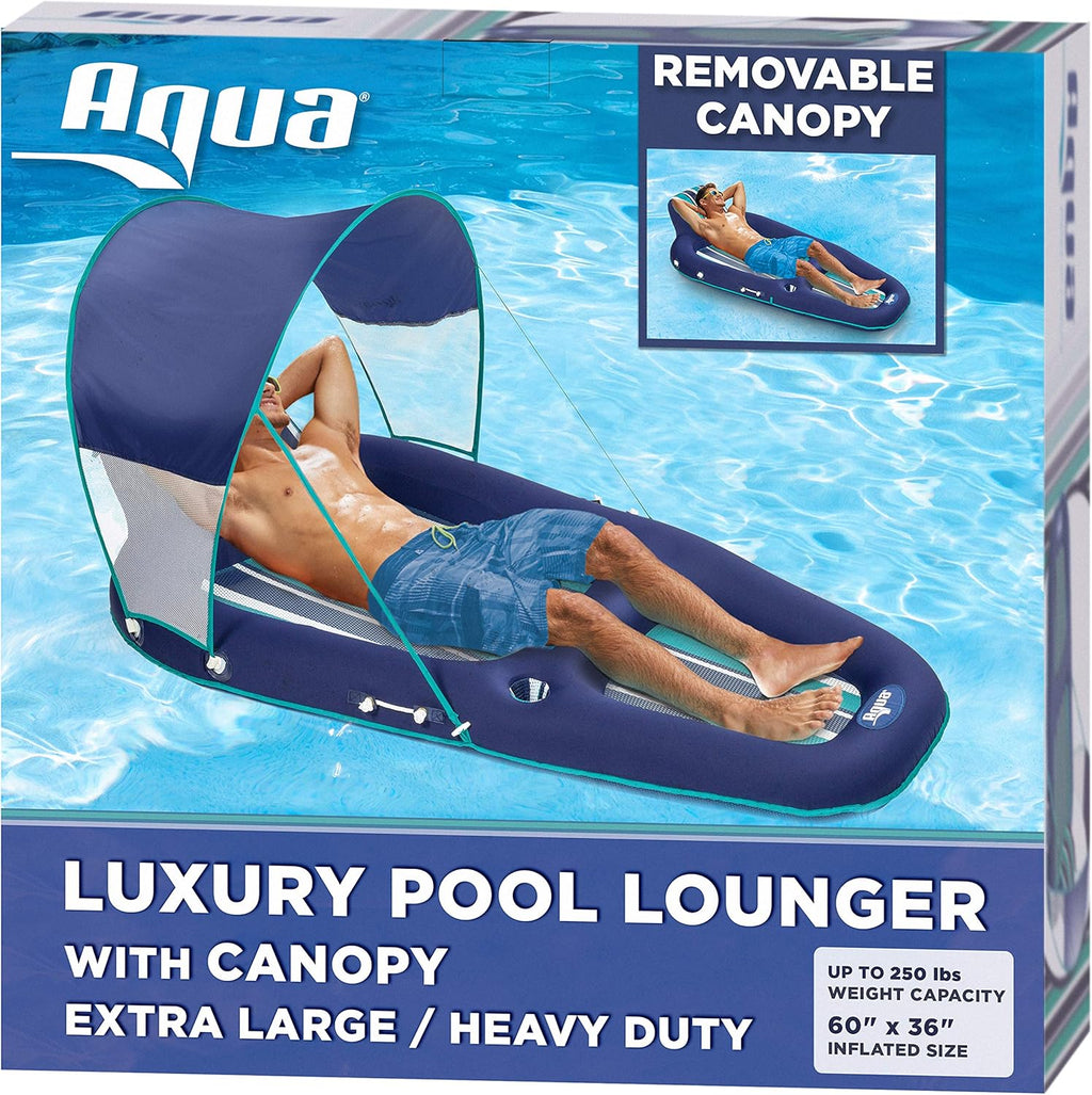 Navy Aqua White Stripe Inflatable Pool Float Lounge with Sunshade Canopy and Cupholder G505195