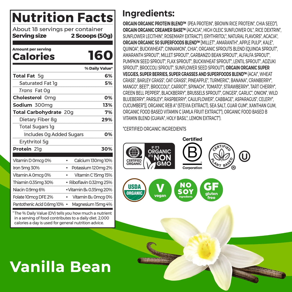 Organic Plant Based Protein Superfoods Powder Vanilla Bean 2.02 lb X591349