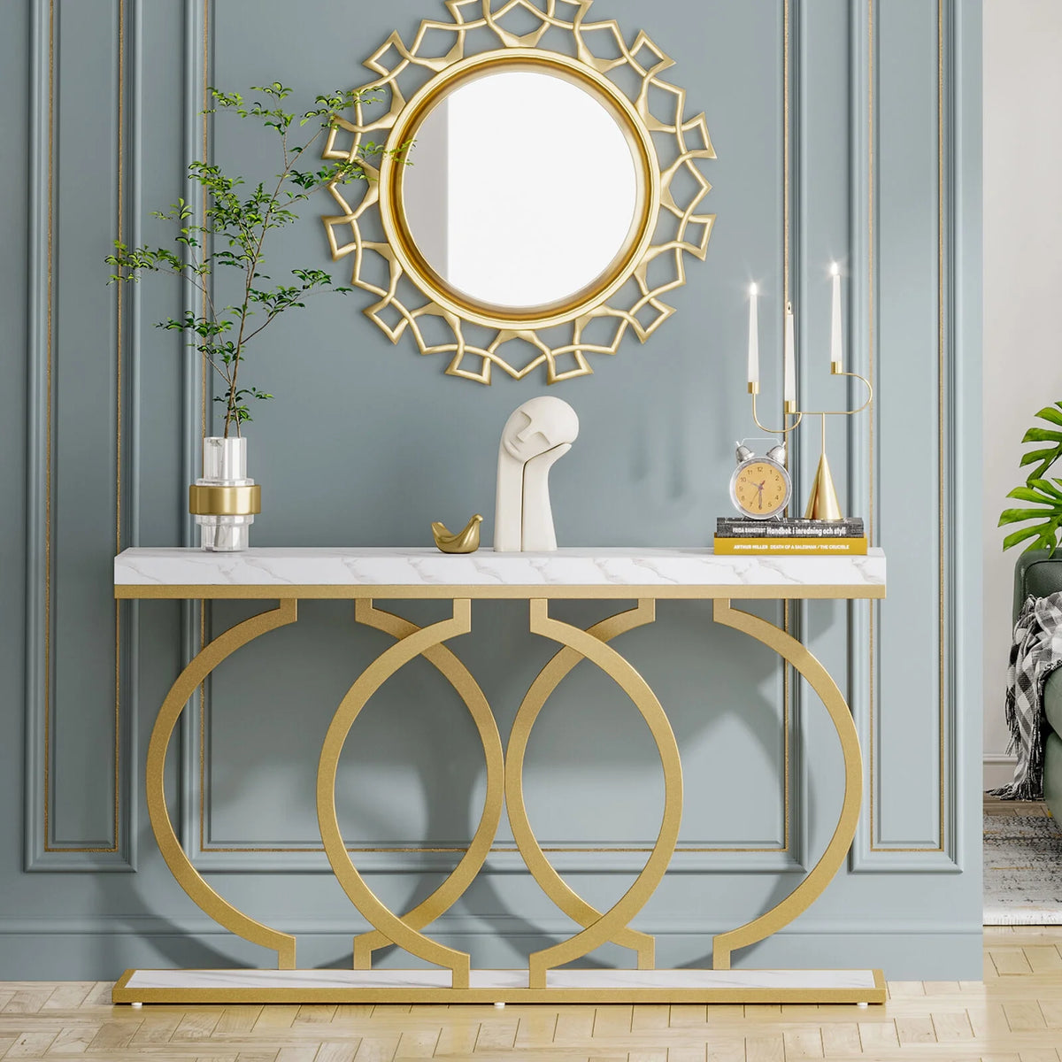 White & Gold Faux Marble Console Sofa Table J69760