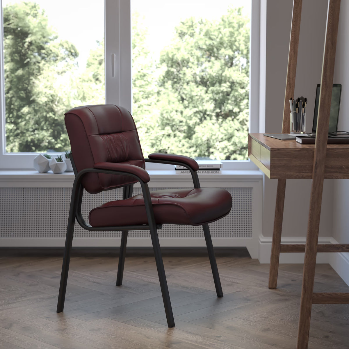 Burgundy LeatherSoft Executive Side Reception Chair with Black Metal Frame H838759