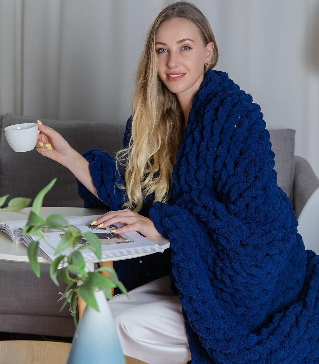 Chunky Knit Chenille Throw Blanket Navy 40×59 E528756