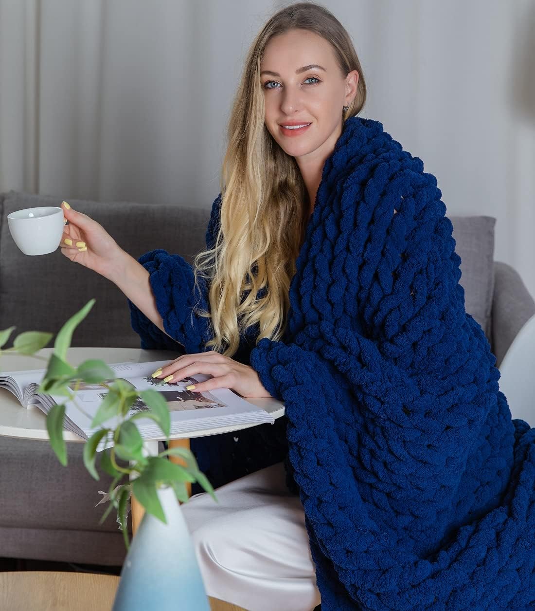 Chunky Knit Chenille Throw Blanket Navy 40×59 E528756