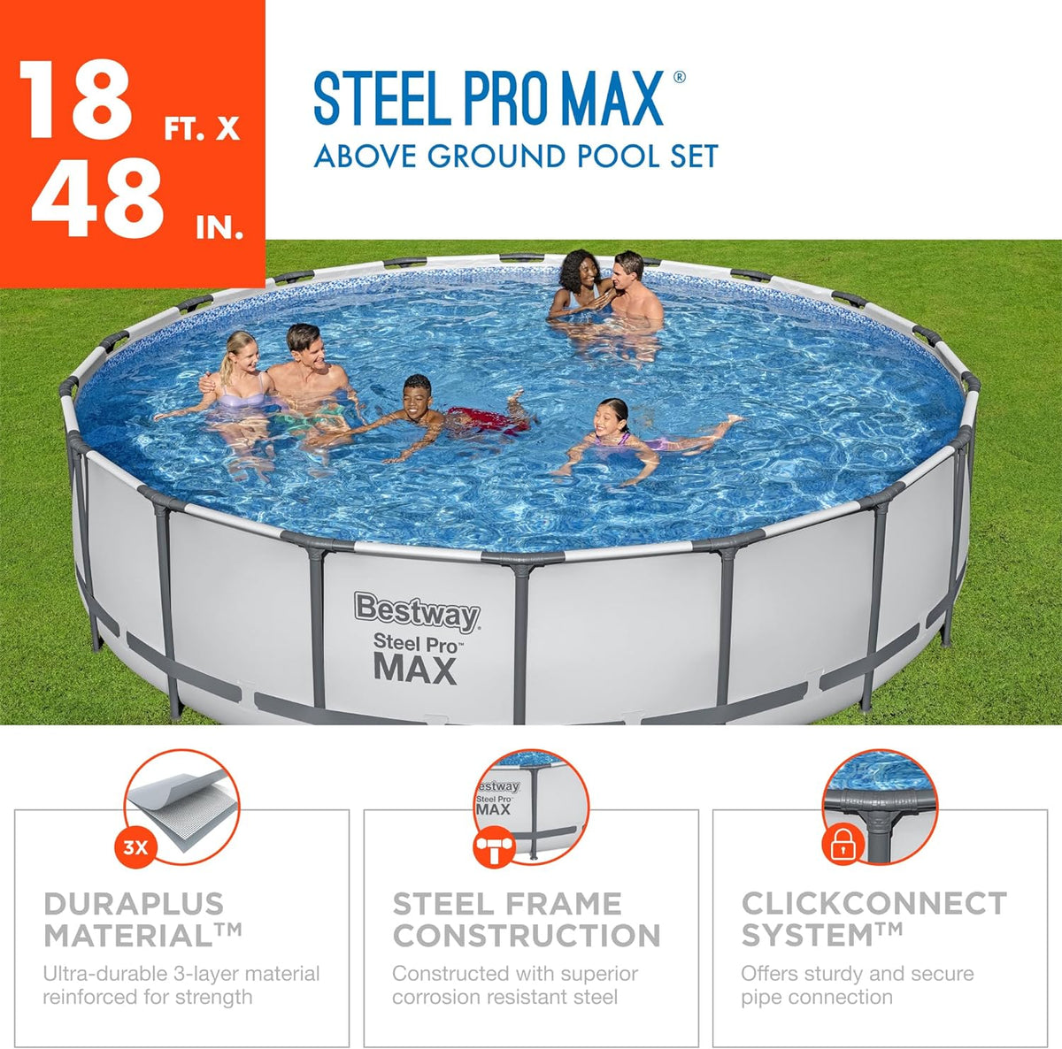 18 Foot x 48 Inch Round Metal Frame Above Ground Swimming Pool Set with Filter Pump, Ladder, and Cover K470