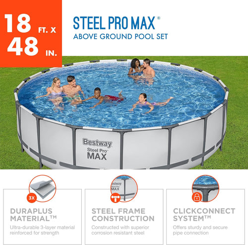 18 Foot x 48 Inch Round Metal Frame Above Ground Swimming Pool Set with Filter Pump, Ladder, and Cover K470