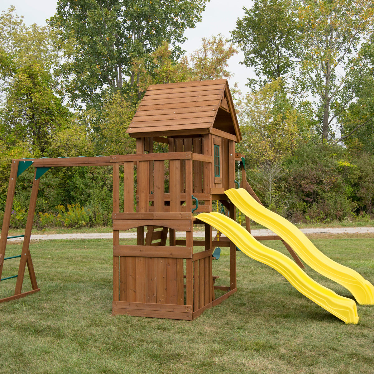 Wooden Backyard Swing Set with Two Yellow Wave Slides J4372