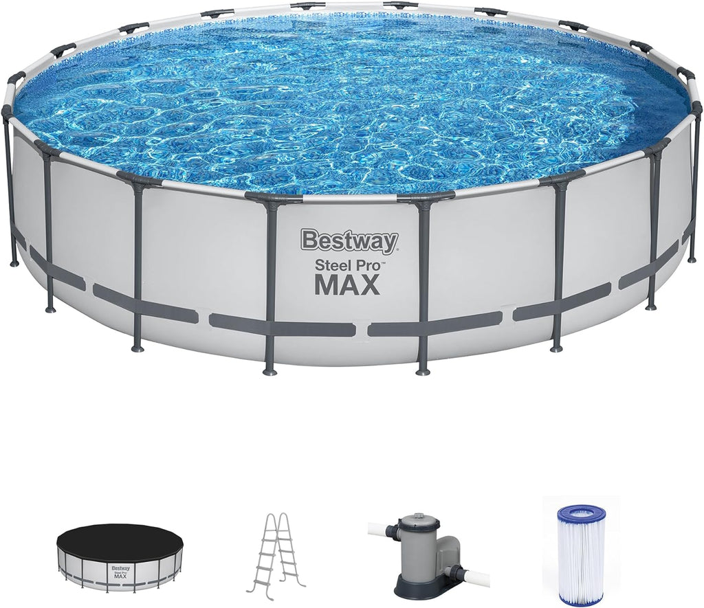 18 Foot x 48 Inch Round Metal Frame Above Ground Swimming Pool Set with Filter Pump, Ladder, and Cover K470