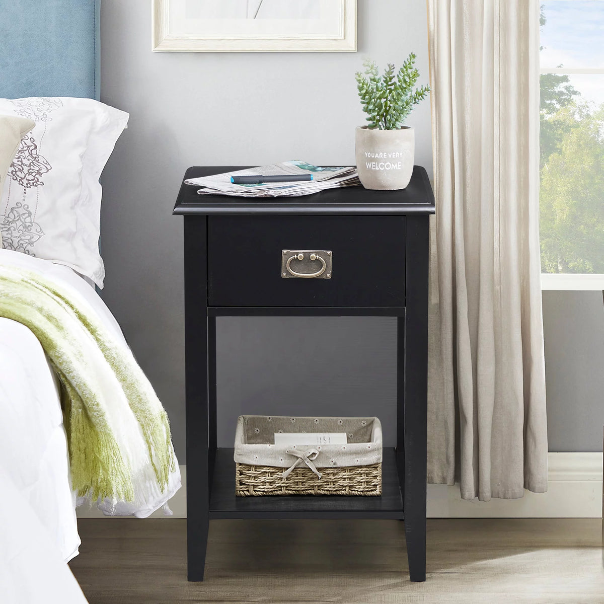 Black 1-Drawer Nightstand with Storage Shelf K4763