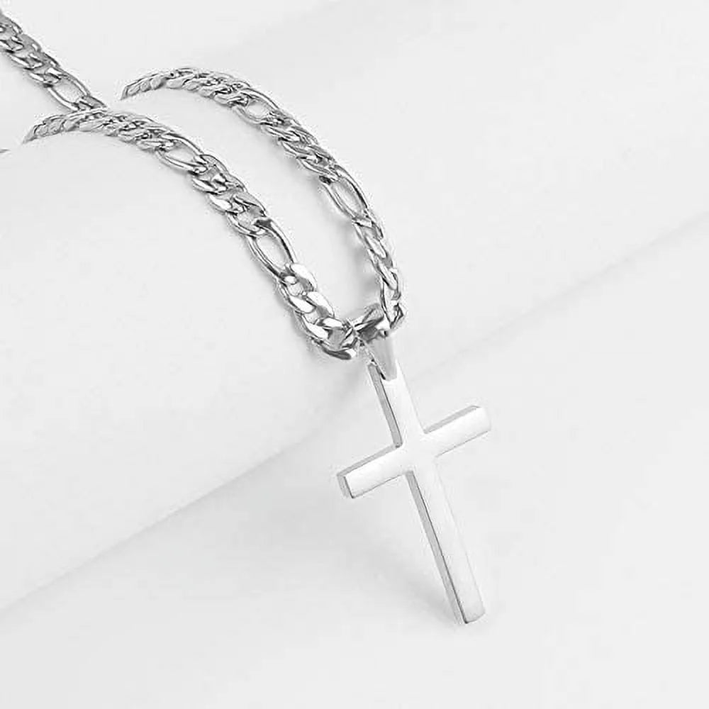 14K White Gold Figaro Cross with 4mm Cuban Link Chain K519094