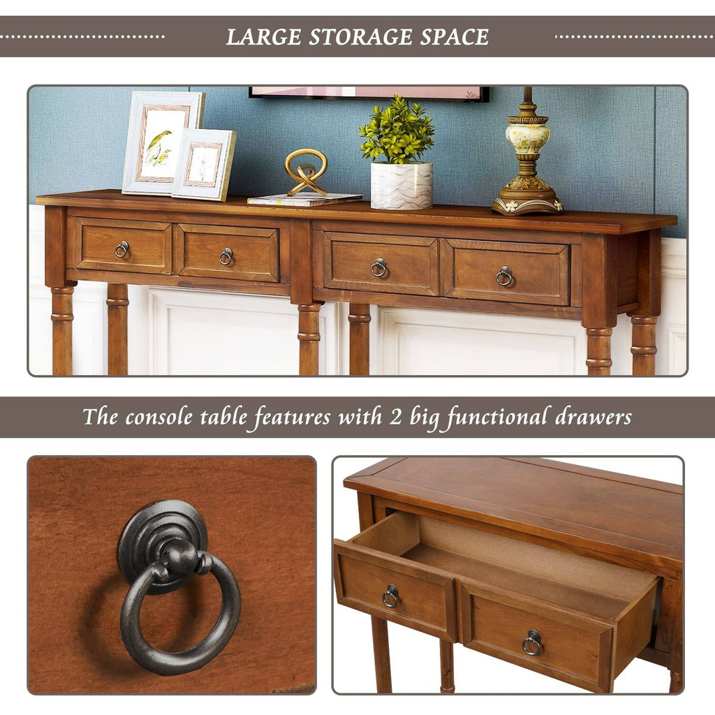 Walnut Rectangular Console Table with Drawers and Long Shelf M1209